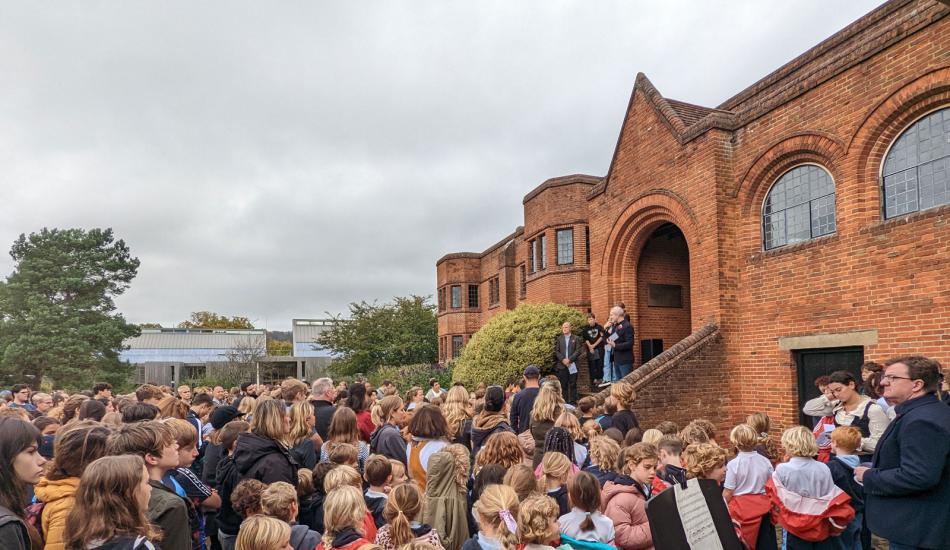 Bedales 3 schools pupils gathering in front of the Bedales memorial library